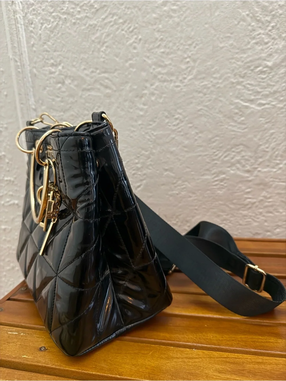 River Island Black Quilted Patent Satchel with Gold Hardware